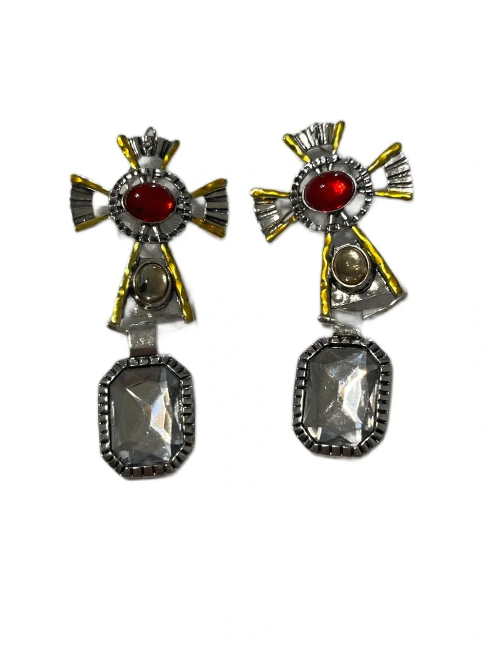 Silver-Tone Red & Clear Statement Drop Earrings